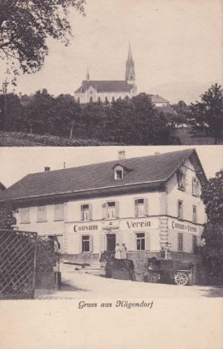<p>Hägendorf Gruss aus Hägendorf 2- Bildkarte  Kirche und Consum Verein mit Fuhrwerk und Ross . Karte Top Zustand , 2.9.1915</p>